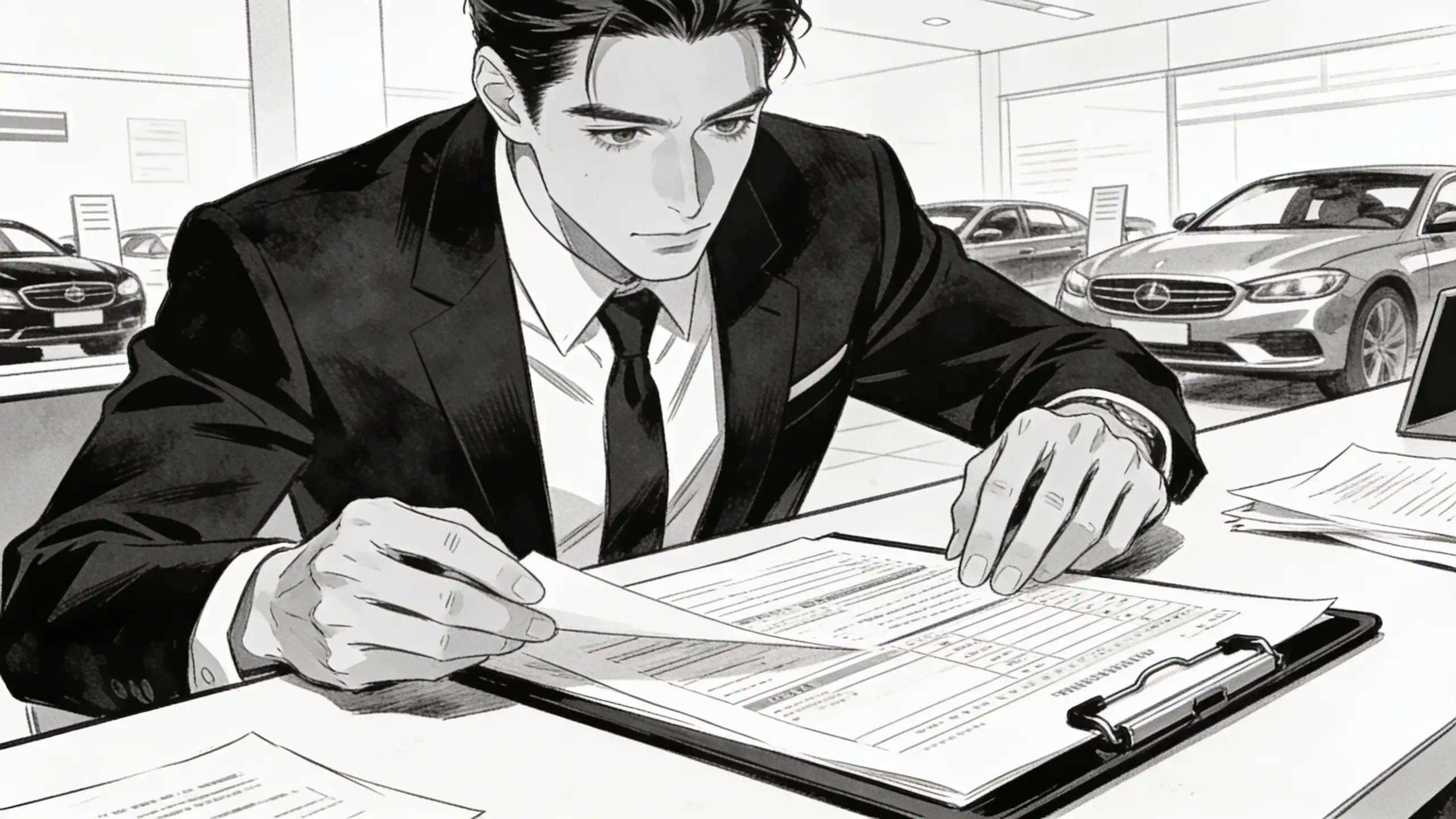 Sandık Motor ruhsata işleme işlemleri için araç evraklarını inceleyen kişi çizimi